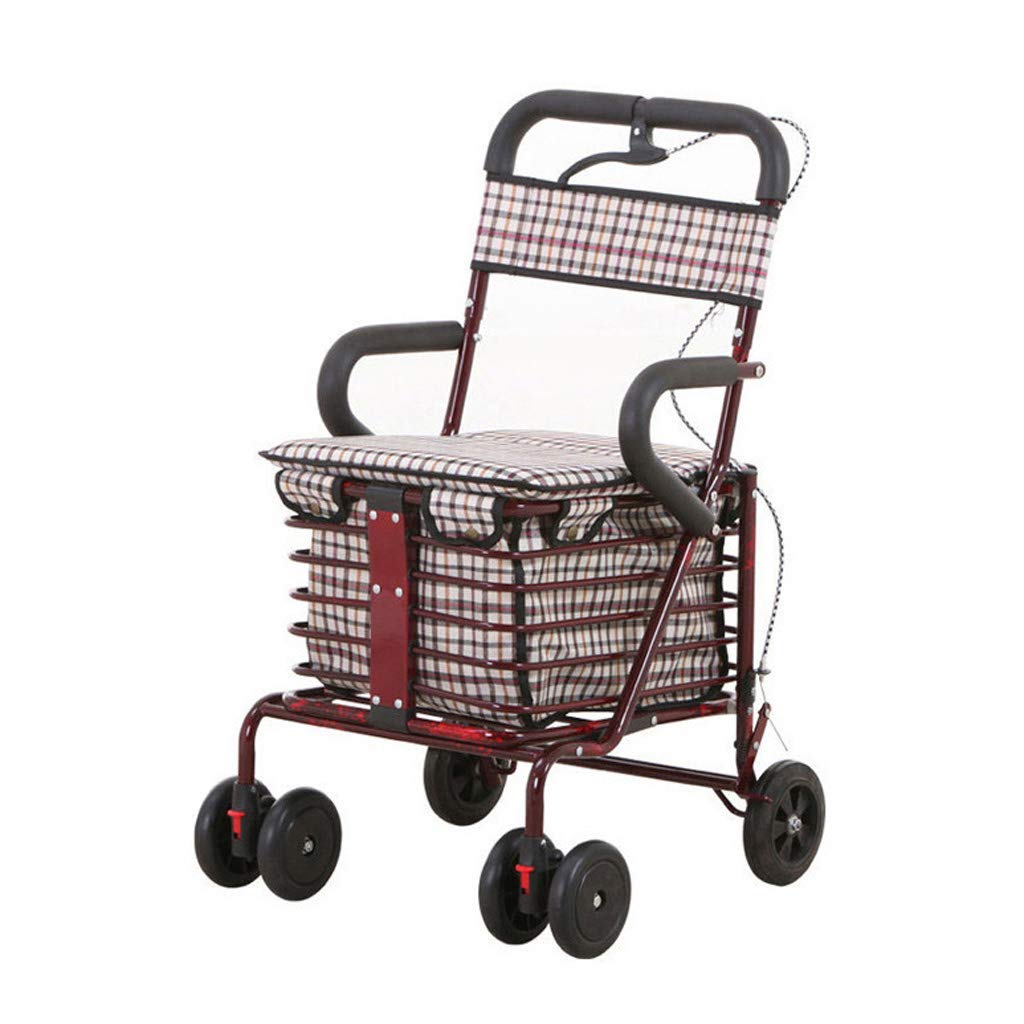 Lightweight Folding Trolley Six-wheeled Shopping Cart With Wheeled Seats And Safety Brake For Elderly Walk & Rest/Seniors Stroller