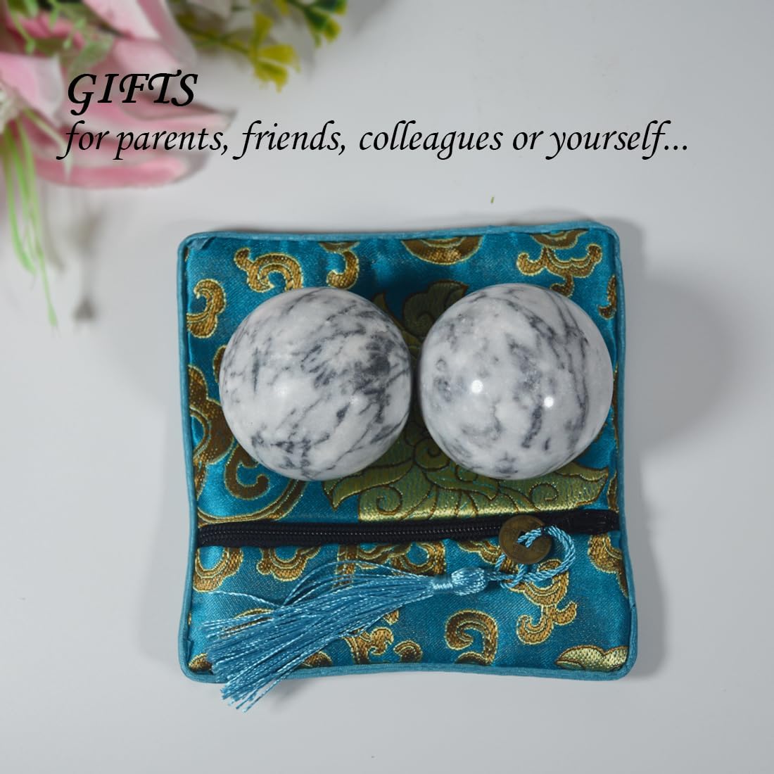 Traditional Chinese Baoding Balls Black White Natural Marble Health Exercise Zen Tai Chi Medicine Massage Balls for Hand Therapy Stress Relief Relax Fingers Gift (2 Inches)
