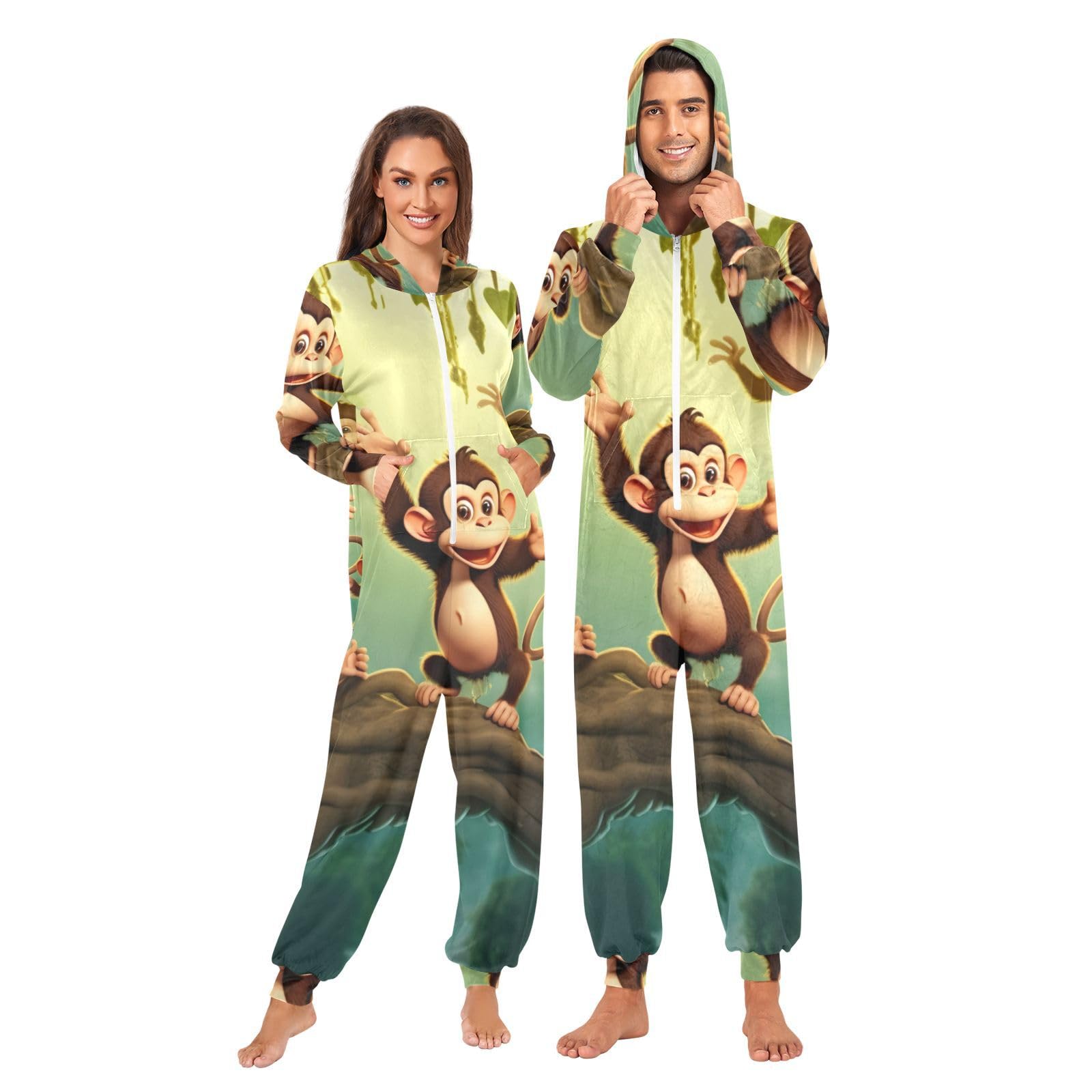 GAIREG Jungle Monkeys Onesie Pjs Adult Womens, ciepła jednoczęściowa piżama z kapturem