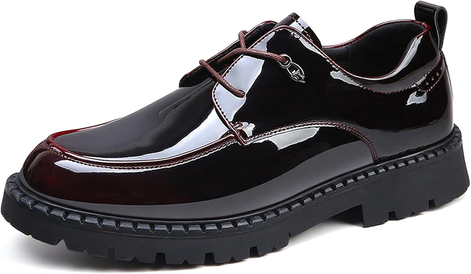 Mens Patent Leather Chunky Heel Oxfords Comfort Slip On Round Toe Non Slip Block Heel Penny Shoes for Dressy Business Work Office Daily