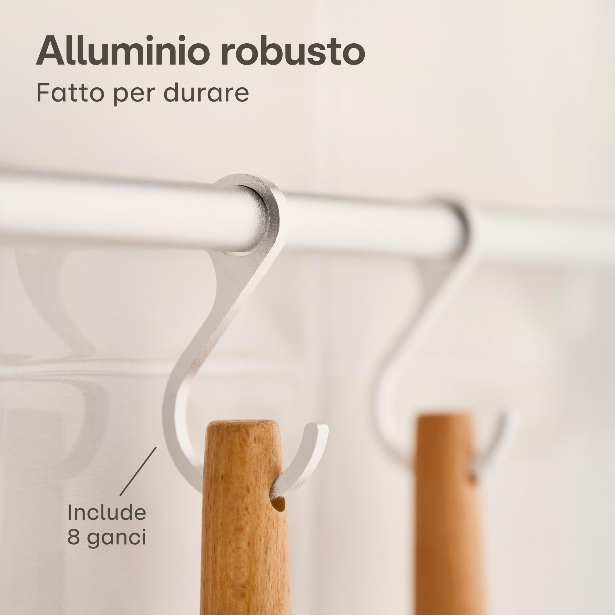 Praknu Barra Portautensili da Cucina Adesiva – 8 Ganci Regolabili - Installazione Senza Buchi - 40 cm – Supporto in Alluminio per Utensili da Cucina