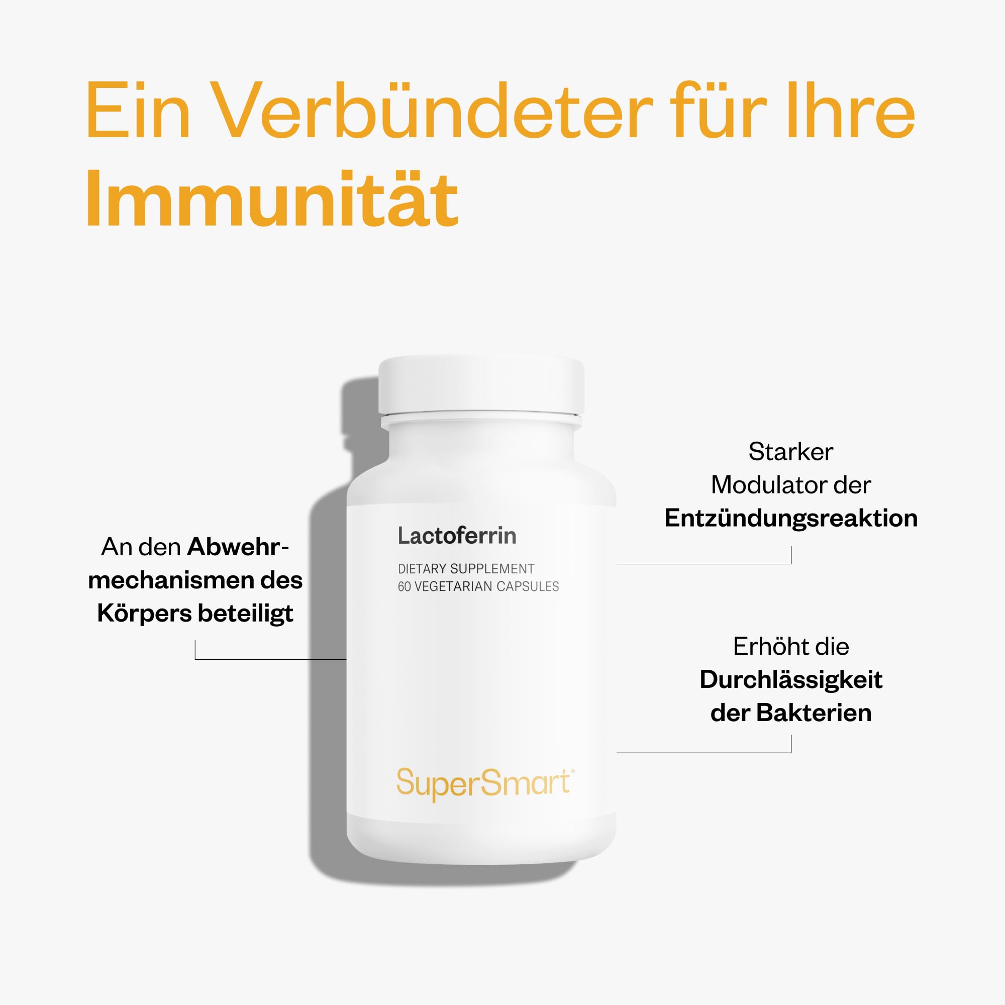 Lactoferrin - Stärkt und optimiert das Immunsystem - Begrenzt Infektionen - Stimuliert die Darmgesundheit - Reguliert das Knochenwachstum - Vegetarisch - 60 Kapseln SuperSmart