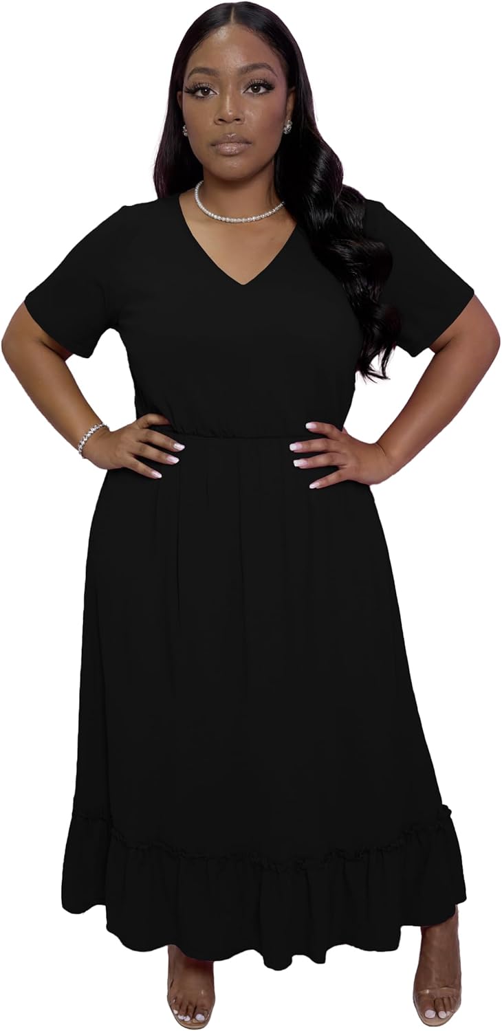 TOPSRANI Plus Size Maxi Dresses for Women Oversized Short Sleeve Crewneck Casual Loose Solid Summer Dress with Pockets