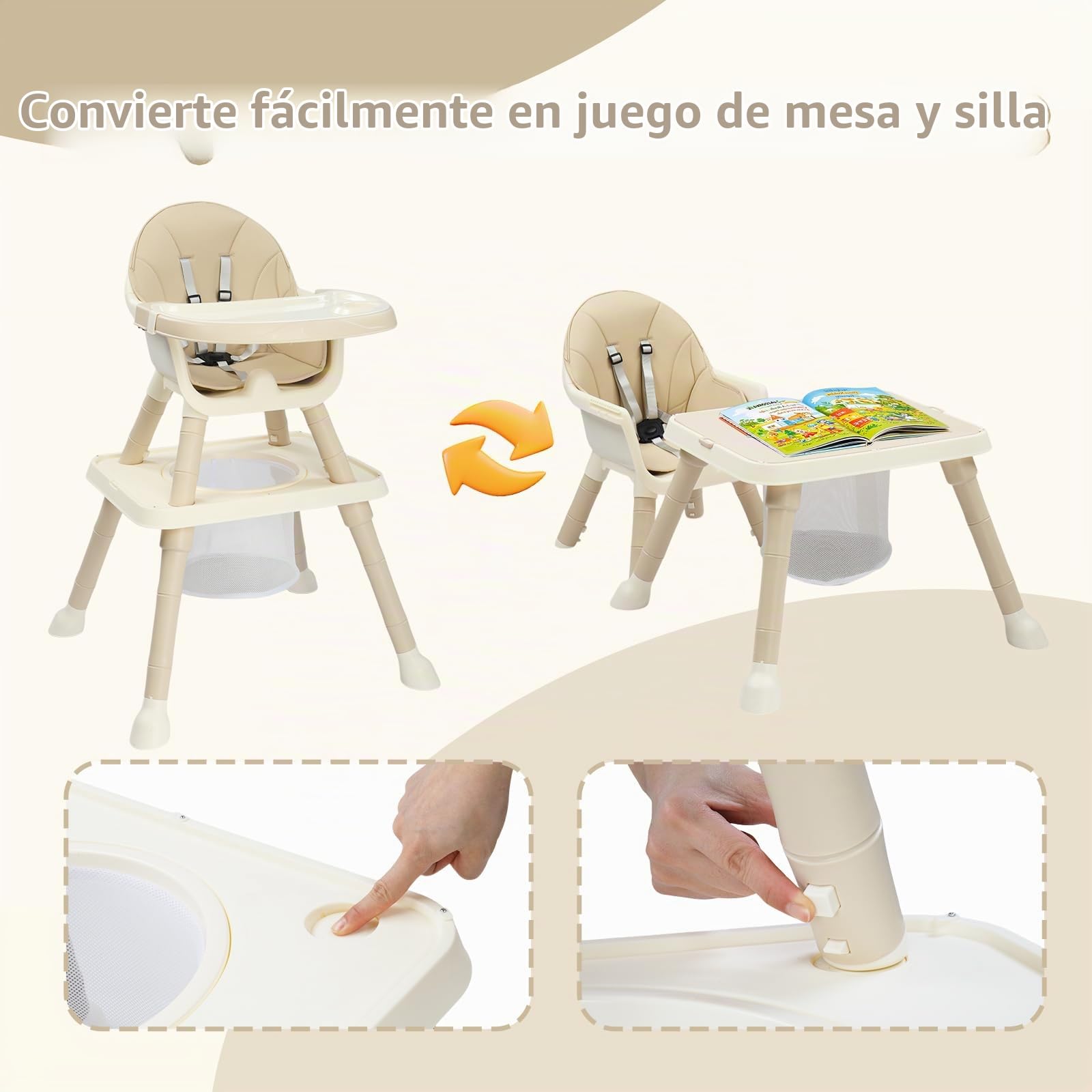 Bonnlo Silla Alta para Bebé con Función de Reclinación, Silla para Bebé a Partir de 6 Meses para Comer y Bañera, Premium con Marco Dorado, Incl. Bandeja Doble y Reposapiés, Hasta 15 kg (Beige, 6560)