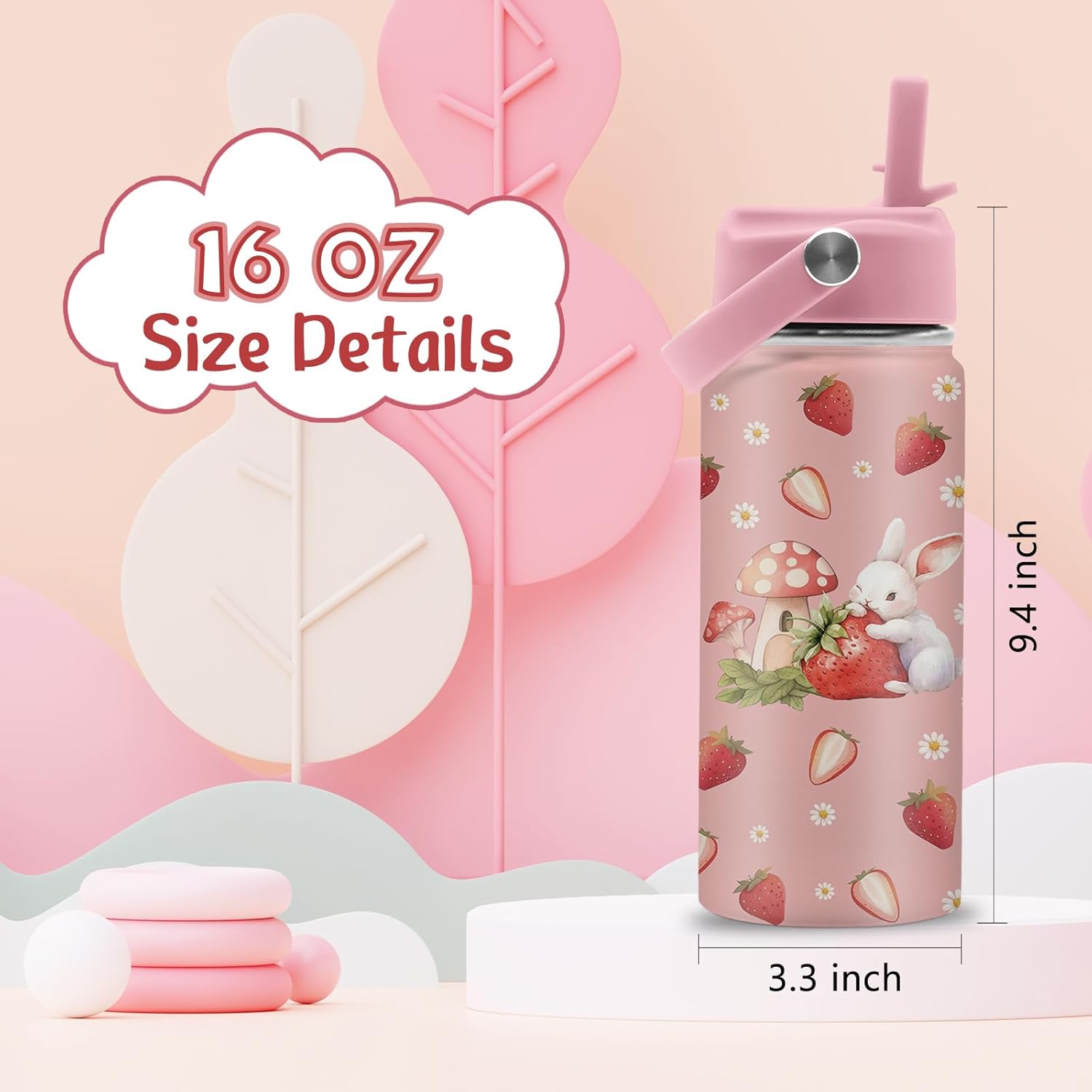 Bunny Gifts for Girls, Cute Water Bottle 16 oz Rabbits Strawberries Water Bottles with Straw Lid, Stainless Steel Insulated Tumbler, Cute Bunny Cup Gifts for Birthday Christmas - Image 6