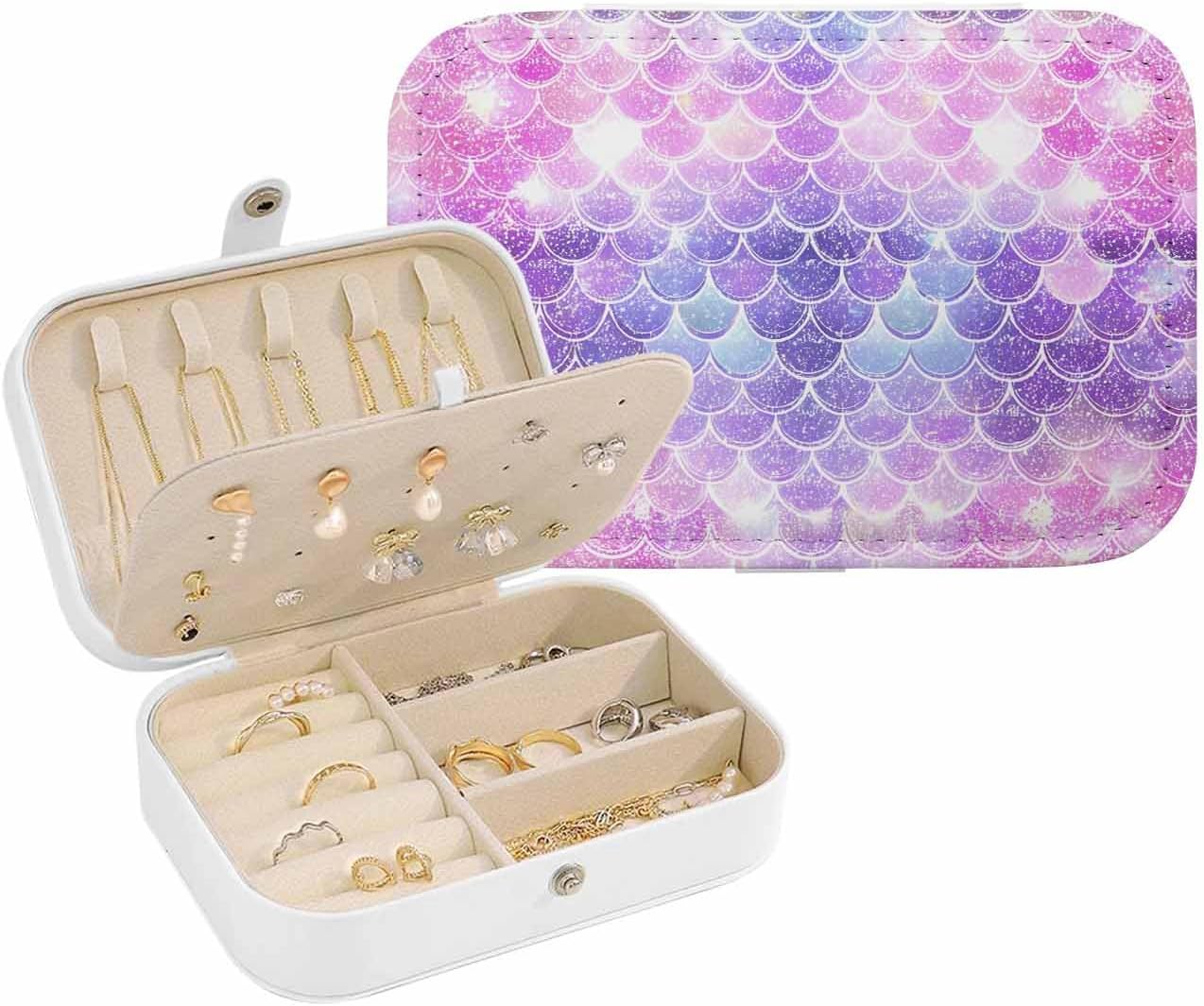 Purple Ombre Jewelry Organizer and Storage Box, Portable Travel Jewelry Box for Women, PU Leather Large 6.3x4.3x2 Inches, Colourful Gradual Modern Abstract Art Earring Necklace Storage Case