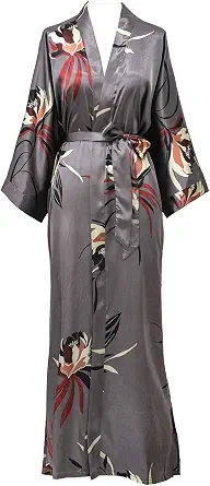 OLDSHANGHAI Luxury Kimono Robe for Women | Long Satin Floral Robe | Original Design | Removable Waist Tie Closure
