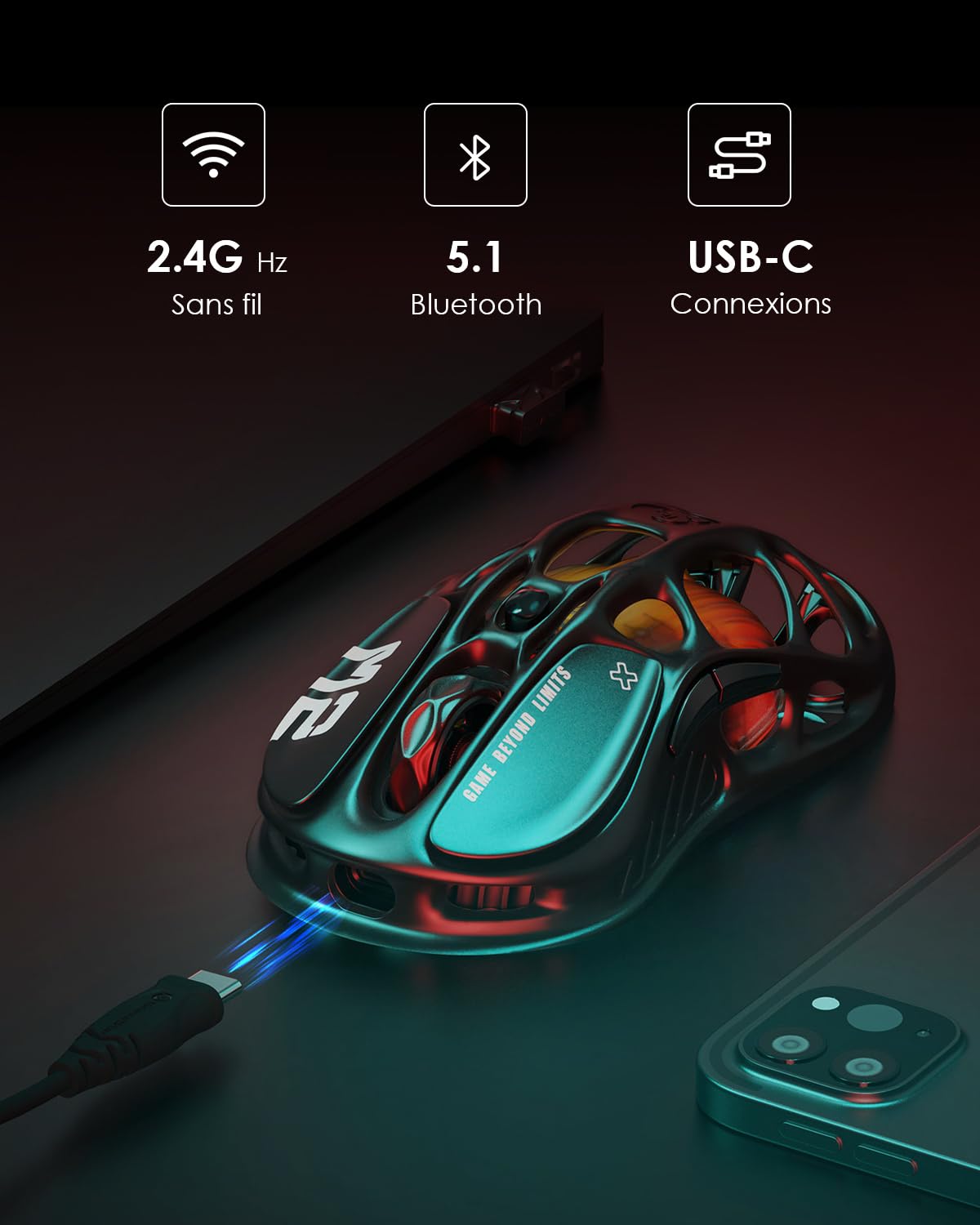 GravaStar Mercury M2 Souris de Jeu – Souris de Jeu MMO pour Ordinateur avec capteur Optique 26 000 DPI – Design léger évidé – 5 Boutons programmables – 5 Modes RVB Dynamic Lightsync – Noir furtif