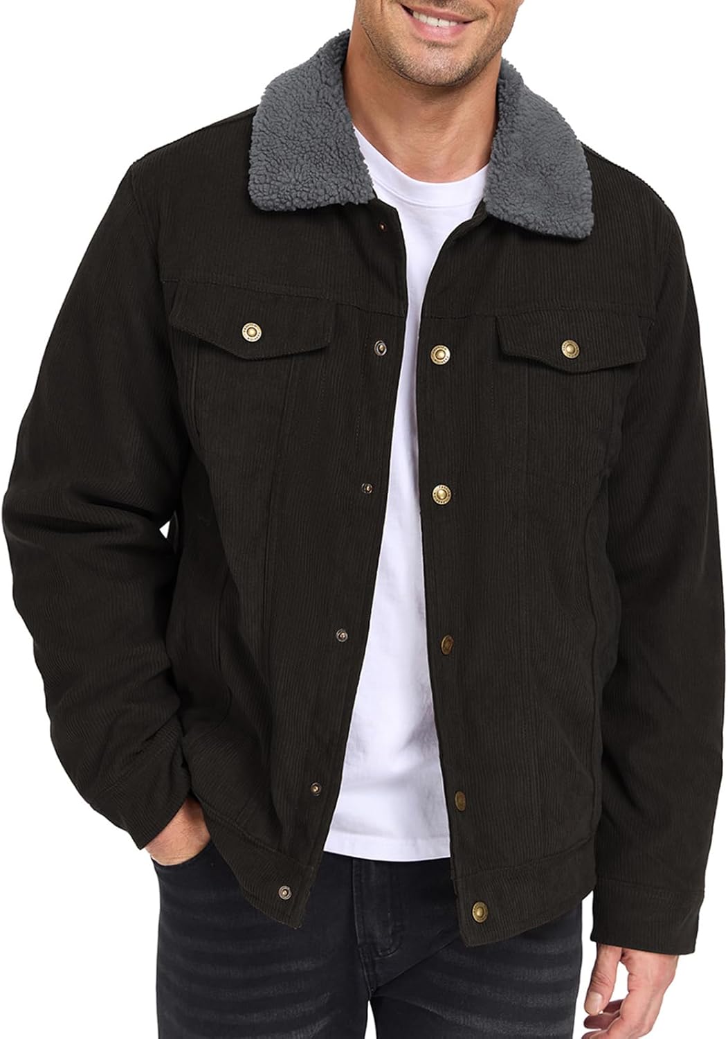 ATOFY Men's Corduroy Jacket Fleece Sherpa Lined Winter Coats Trucker Cargo Jackets Warm Fur Collar Vintage