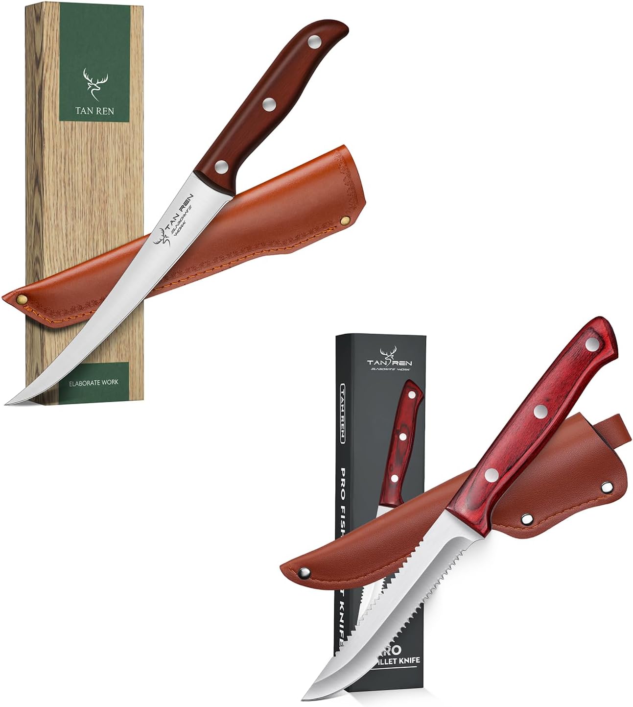 TAN REN 7 Inch Boning Knife and 5 inch Fillet Knife for Filleting and Boning,Brisket Knife with Sheath,Bait Knife Saltwater with Sheath