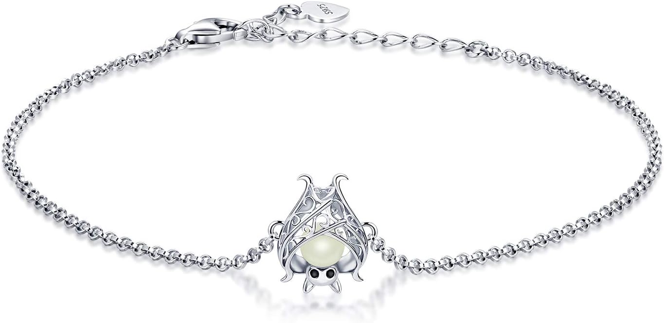Cute Bat Bracelet Sterling Silver Glowing in The Dark Animal Bracelet Little Witchy Vampire Halloween Jewelry Gift for Women