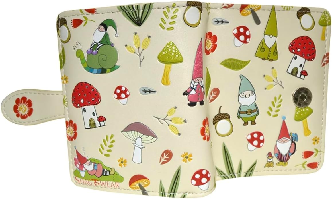 Shag Wear Gnome Forest Small Wallet for Women and Teen Girls Multiple Gnomes Mushrooms Plants Vegan Faux Leather Beige 4.5"
