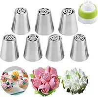 Conjunto de pontas de confeitar russas, 8 peças de pontas de decoração de bolos, 7 bicos de cobertura de flores e 1 acoplador de três furos para decoração de bolos, cupcake, biscoitos, assar