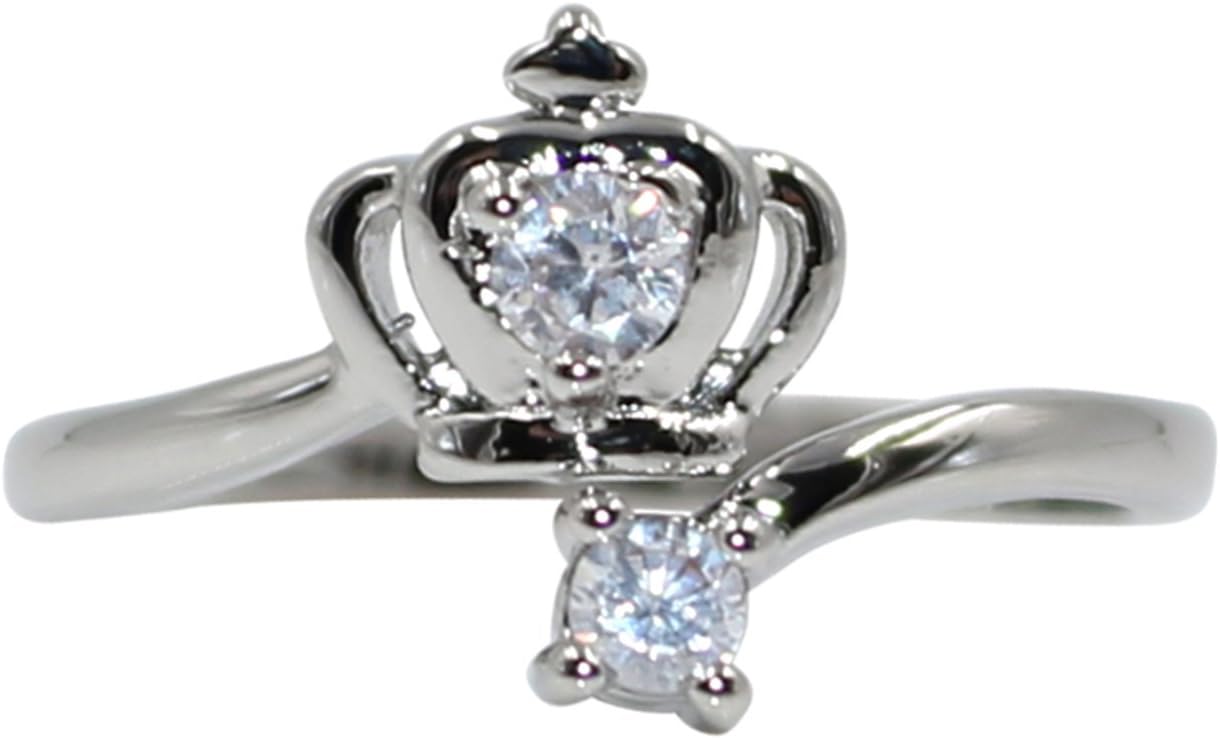 Fashion Ring 925 Silver Plated Crown Cubic Zirconia Adjustable for Women Girls Princess Queen