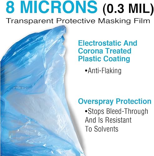 Miniatura 3 de MAXIFILM Rollo de láminas de plástico azul de 16 x 350 pies para pintar, 8 micras, 0.3 mil, cubierta protectora de película de enmascaramiento,