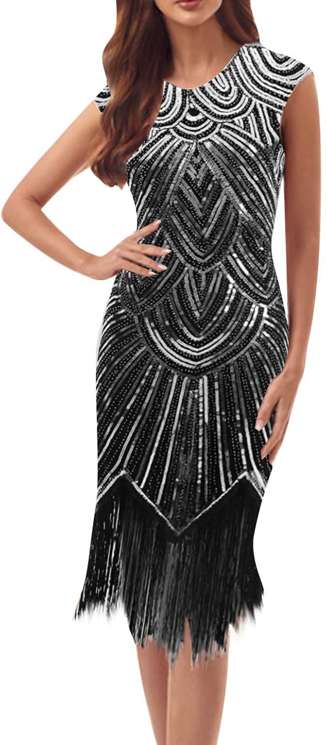 Women's 1920s Dress Fringe Sequin Art Deco Flapper Dress Sleeveless Tassels Hem Gatsby Cocktail Party Dresses Clubwear