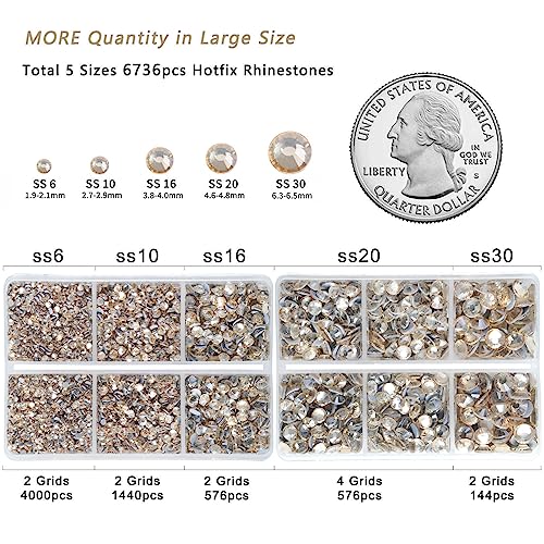 Image of 6736pcs Hotfix Rhinestones Flatback,Gold Rhinestones for Crafts Clothes Mixed 5 Sizes, Hotfix Crystals with Tweezers and Wax Pencil Kit, SS6-SS30,Golden Shadow