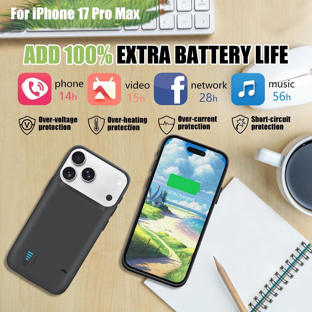 Battery Case for iPhone 17 Pro Max, 6000mAh Rechargeable Extended Battery Charging/Charger Case, Add 100% Extra Juice (6.9 Inches) Black