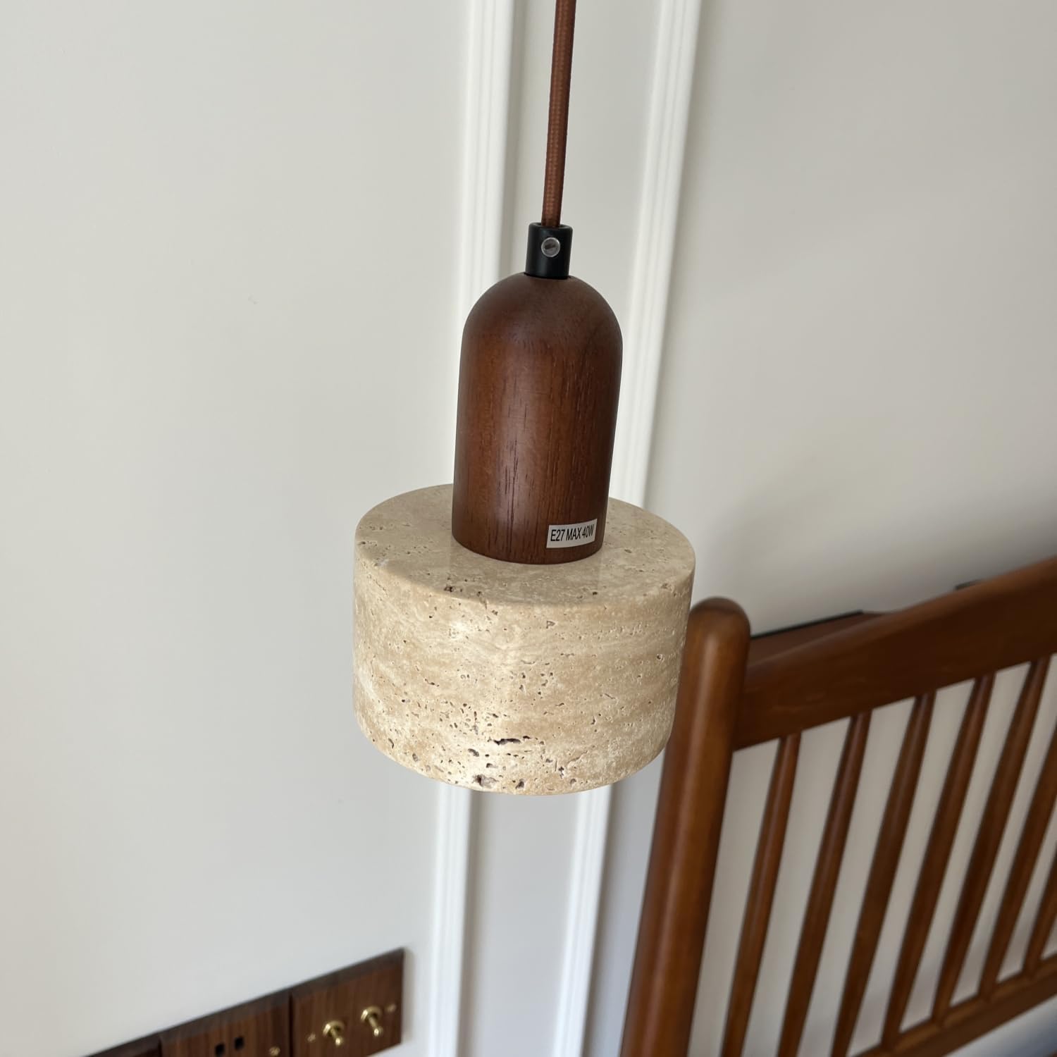 Dark Wood Pendant Light Brown Farmhouse Wooden Hanging Lamp 1 Lights Rustic Mini Pendant Lights Kitchen Island Natural Stone Shade Travertine Pendant Lamp