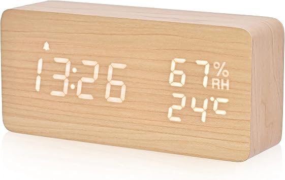 Electime Digital Alarm Clock Wooden Table Clock LED Time Display 3 Alarm Clock Settings USB Powered Humidity and Temperature Detection Electronic Clock Suitable for Bedroom, Bedside Table, Desk, Office, Kids, Family Natural