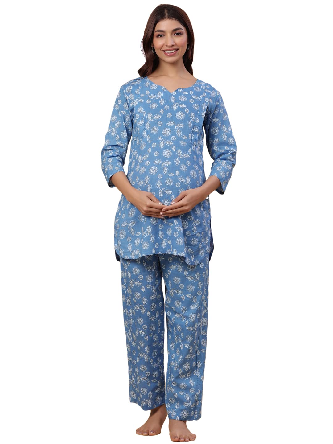 Pre & Post Maternity/Nursing Wear Hand Printed Night Suits/Night Dress with both sides Zipper for Easy Feeding for To Be Moms & Nursing Mothers � Pure Cotton � Blue White-image-19