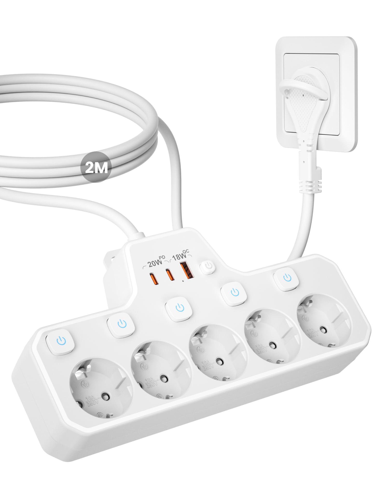 Steckdosenleiste Flachstecker,5-Fach Mehrfachsteckdose mit USB C PD20W,Wandmontage Steckerleiste Einzeln Schaltbar,Mehrfachstecker für Steckdose Flacher Stecker mit Schalter,Netzleiste 2M Kabel,Weiß