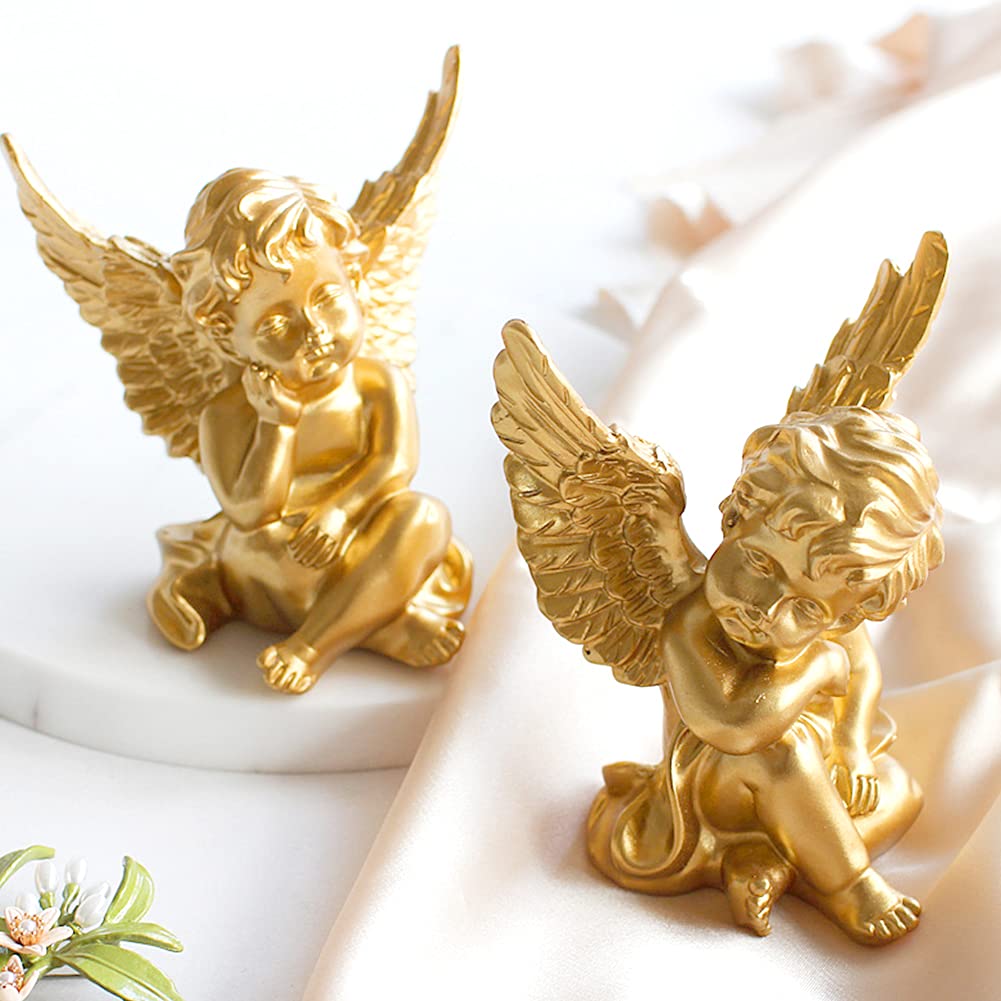 2PCS Angel Figurines for Gift - Cherub Praying Ornament, Healing Statue, Sympathy Keepsake, Sentimental Resin Figurine, 6x10cm/2.36x3.93inch Gold