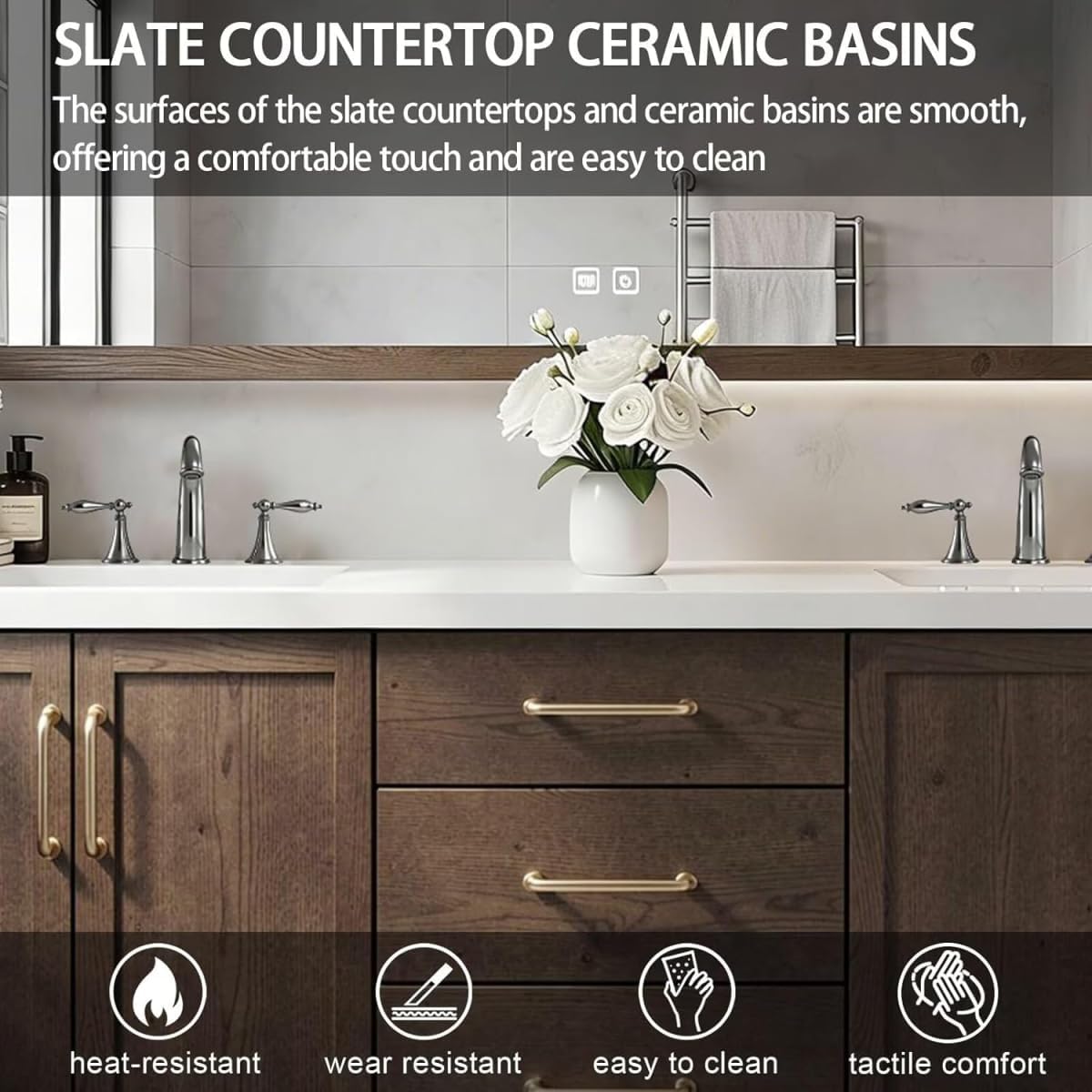 Double Sink Bathroom Vanity - 80 Inch Bathroom Vanities with Double Sink (Floor Mount Wood Texture Cabinet) (3 Large Storage Drawers) Vanity Cabinet with Rectangular LED Smart Defog Mirror
