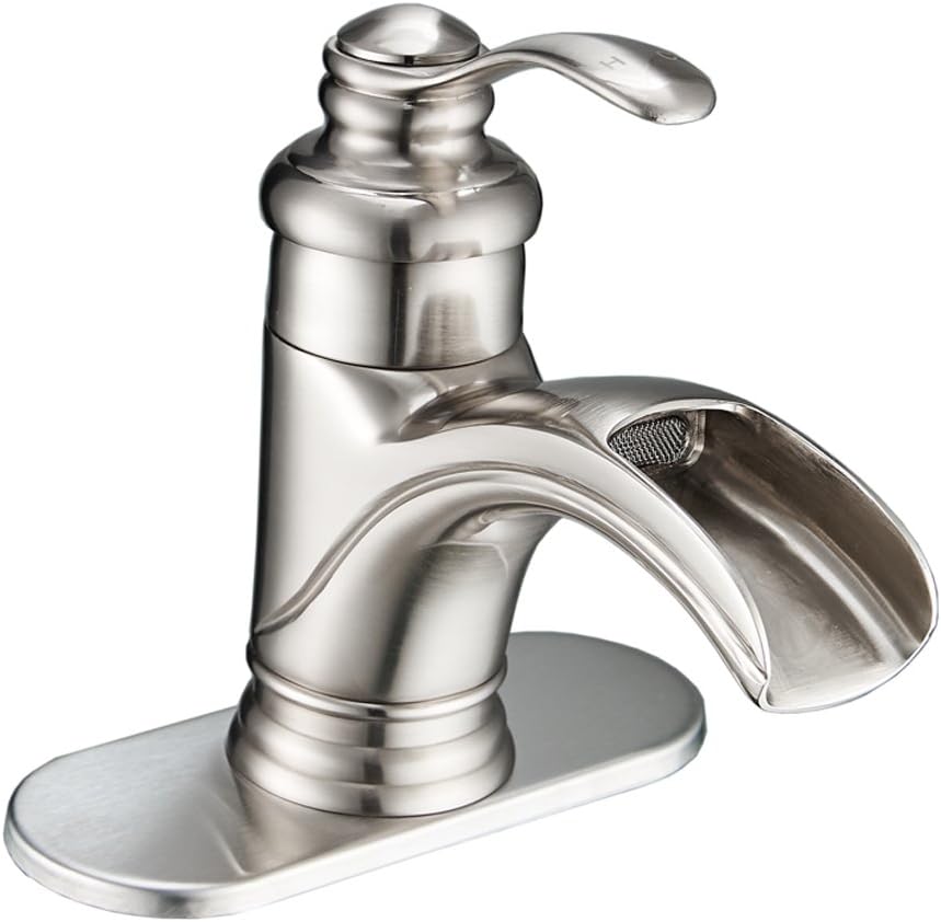 BWE Waterfall Bathroom Faucet Brushed Nickel Single Hole Single Handle Deck Mount Centerset Vanity Sink RV Antique Faucets with Water Supply Lines Commercial Toilet Trough Lavatory Basin Mixer Tap