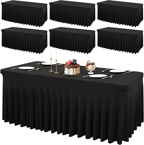 Paquete de 6 faldas de mesa negras de elastano para mesas rectangulares de 6 pies, mantel plegable elástico negro para bodas, fiestas de cumpleaños,