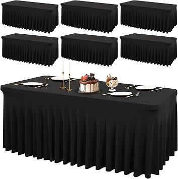 PARTISKY 6 Pack Black Spandex Table Cover with Skirt - 8ft Rectangle One-Piece Stretch Tablecloth for Wedding, Banquet, Birthday Party, Trade Shows & Foldable Tables