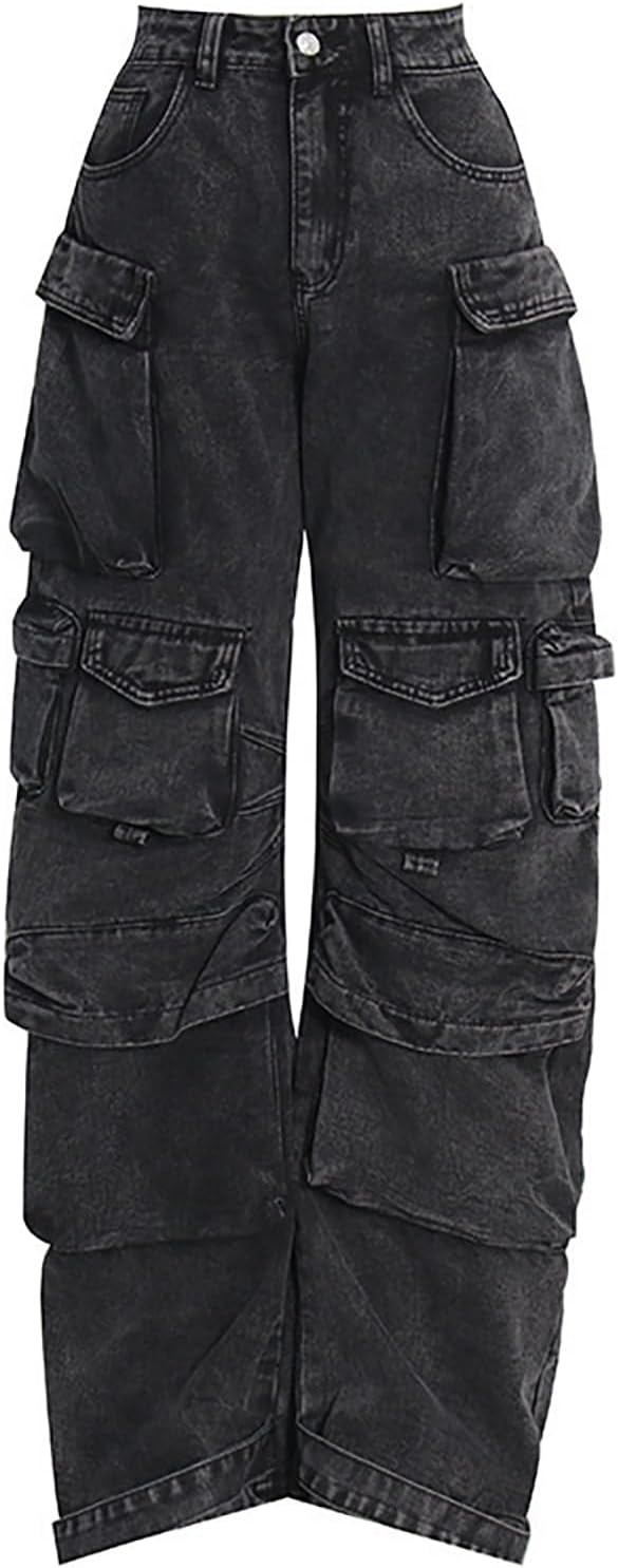 LKOUS Women's Y2K Baggy Straight Wide Leg Cargo Jeans, Streetwear High Waisted Denim Pant - Image 4
