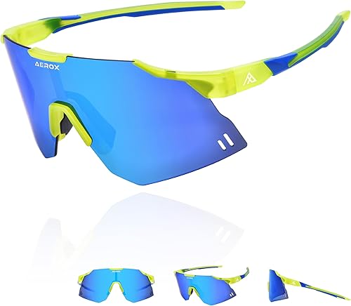 AEROX Running Sunglasses and Sports Glasses for Men and Women - Shades for Cycling and Baseball - (color: Neon Green/Sky Blue)