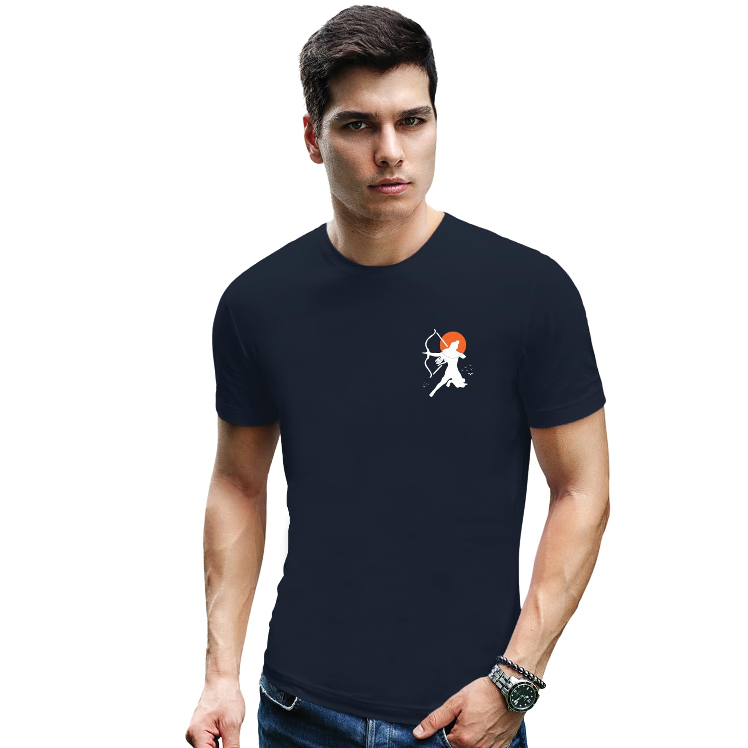 GenericRambhadra Archery Birds Navy Blue T-Shirt for Men, Mythological Graphic Tee, Cotton Casual Wear