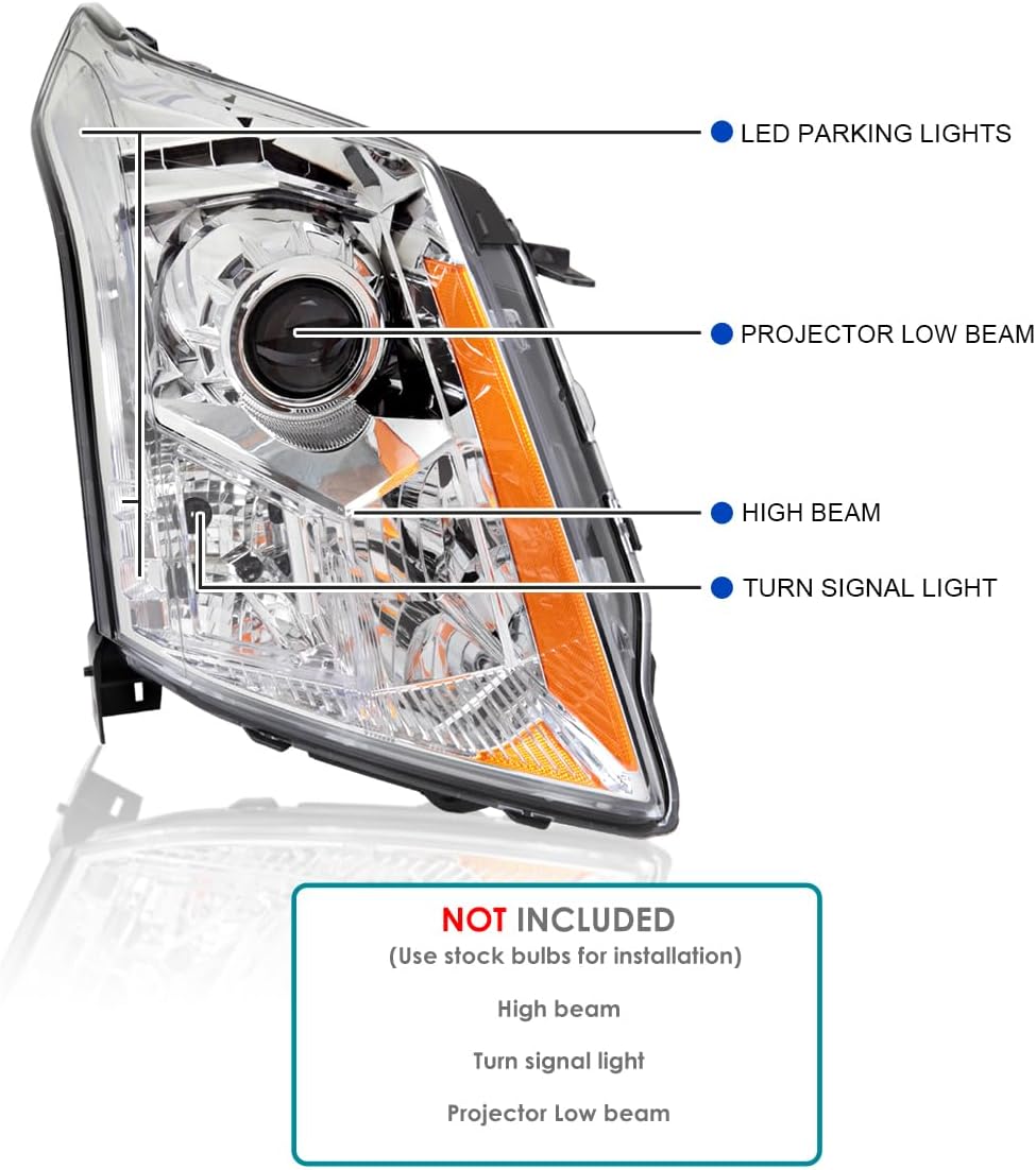 SPEC-D TUNING Chrome Projector Headlights Compatible with 2010-2016 Cadillac SRX, Left + Right Head Lamps Assembly