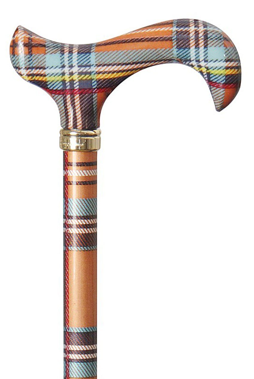 Gehstock Fashion-Derby SCOTTISH HIGHLANDS, bunt, farbig Griff aus ABS, Stock aus stabilem Leichtmetall Karomuster, höhenverstellbar, Gummipuffer.