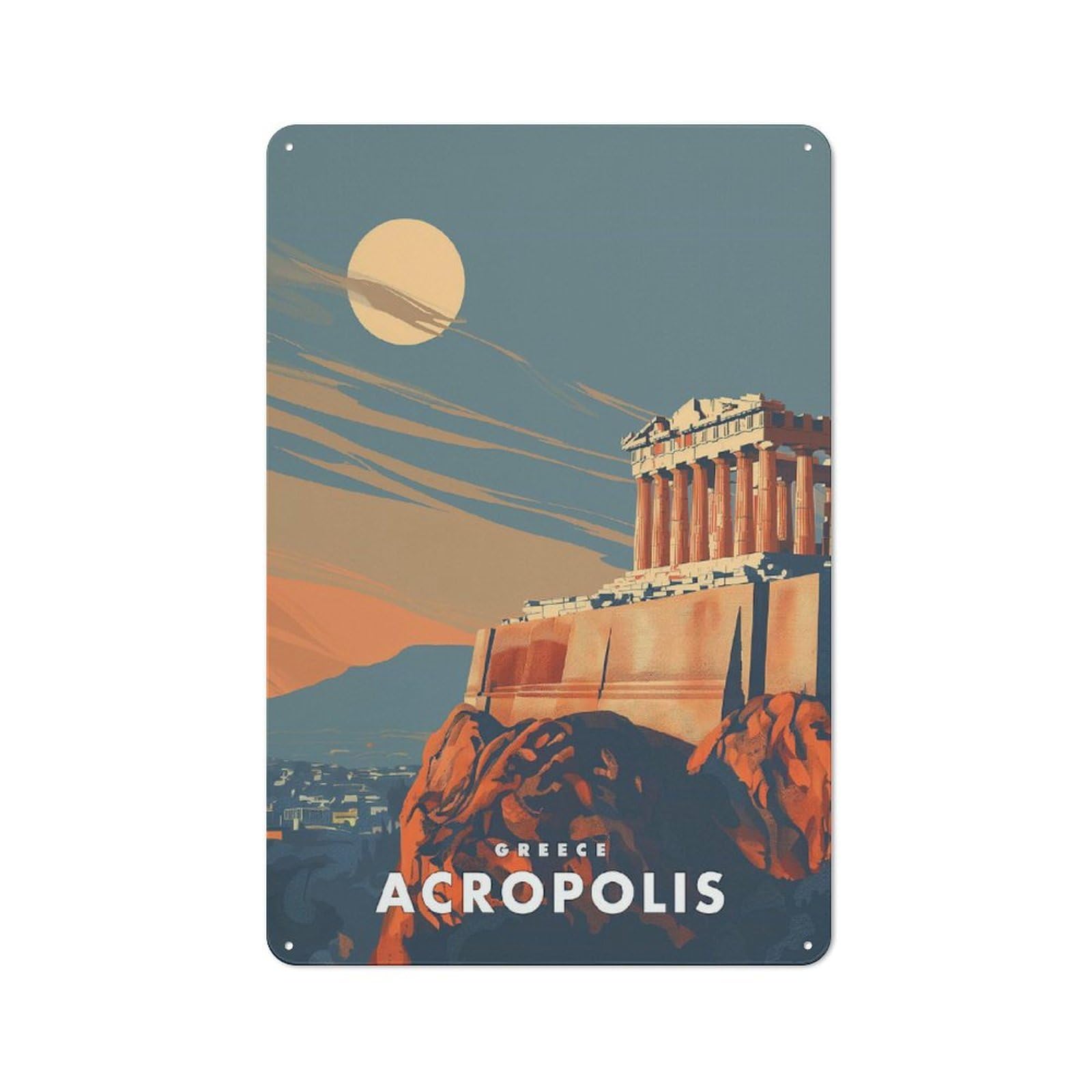 Junmoney Style-16 Acropolis Greece Vintage Metal Sign 30X20cm, Vintage Cafe Wall Decor For Takeaway, Bar, Kitchen Or Counter Area