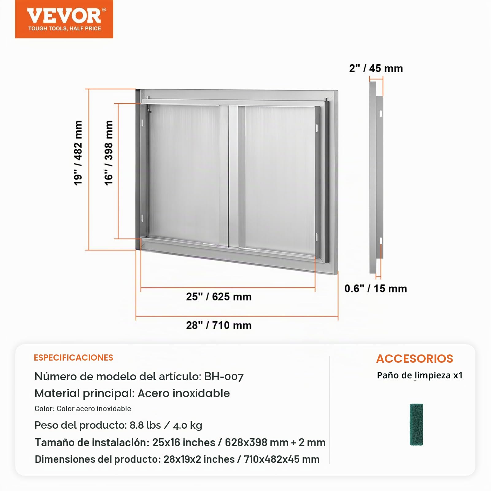 VEVOR Puerta doble de cocina para barbacoa al aire libre, 28x19 pulgadas, puerta vertical acero inoxidable con asas empotradas