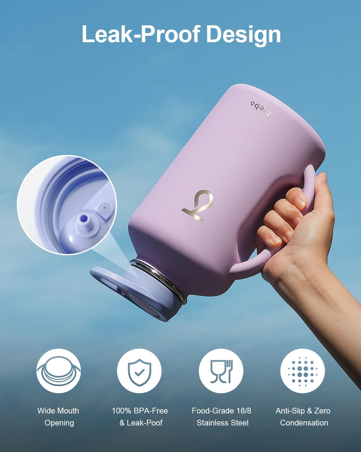 Trebo 64 oz Water Bottle Insulated with Handle, Leakproof Half Gallon Vacuum Stainless Steel Large Water Jug (Keep Cold for 48hrs),Gym Water Bottles Flask For Women with Straw Spout Lids Strap,Purple - Image 5