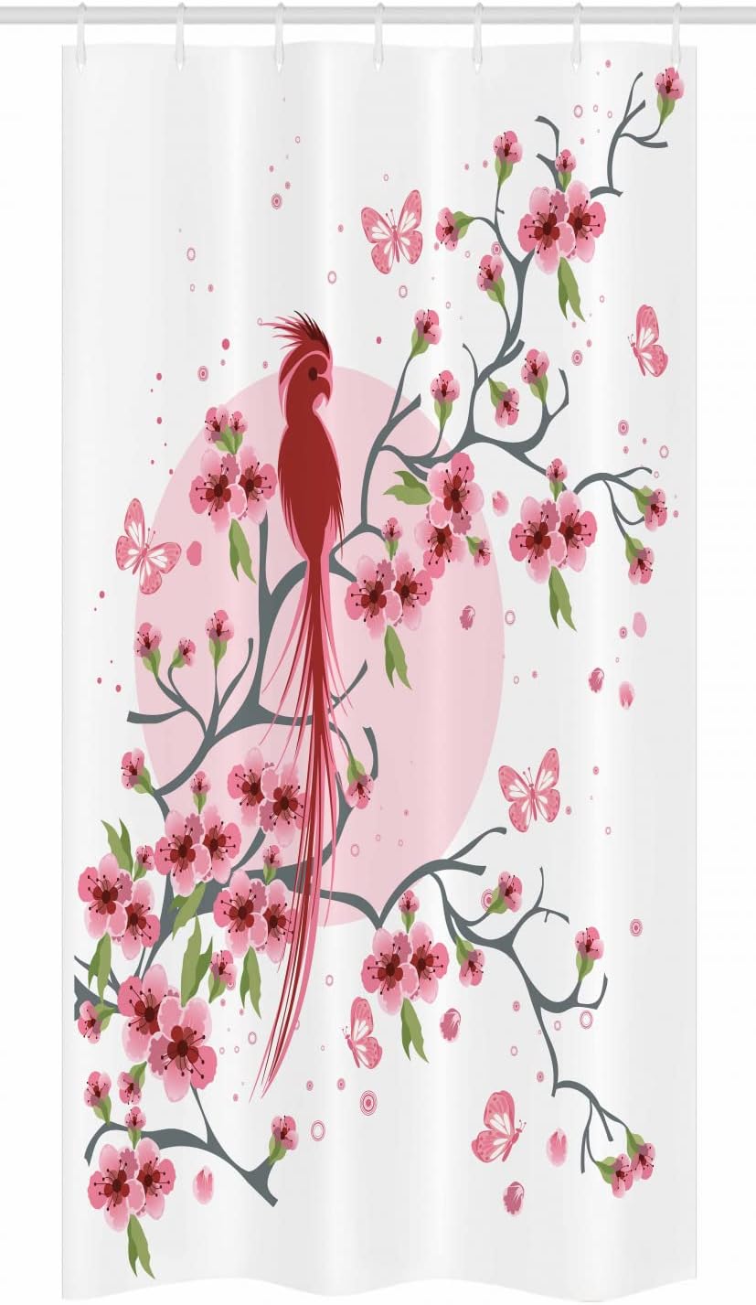Ambesonne Japanese Stall Shower Curtain, Mythical Long Lived Phoenix Bird on Floral Sakura Branch Looking Back Art, Fabric Bathroom Decor Set with Hooks, 36" W x 72" L, Pink