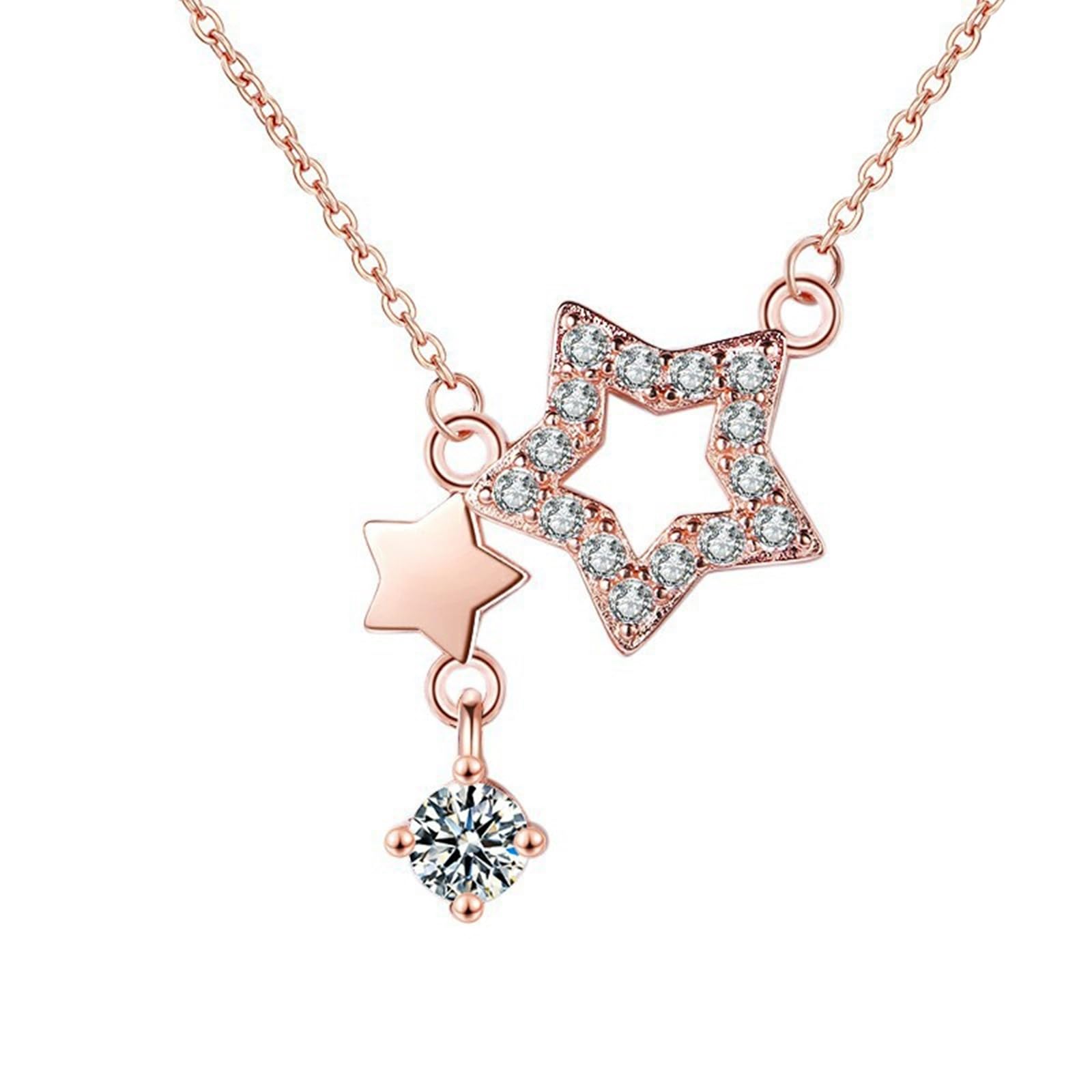 Daesar Łańcuszek z białego złota próby 585, naszyjnik damski 45 cm, zawieszka charms z gwiazdkami z diamentowym łańcuszkiem, białe złoto, biżuteria ślubna