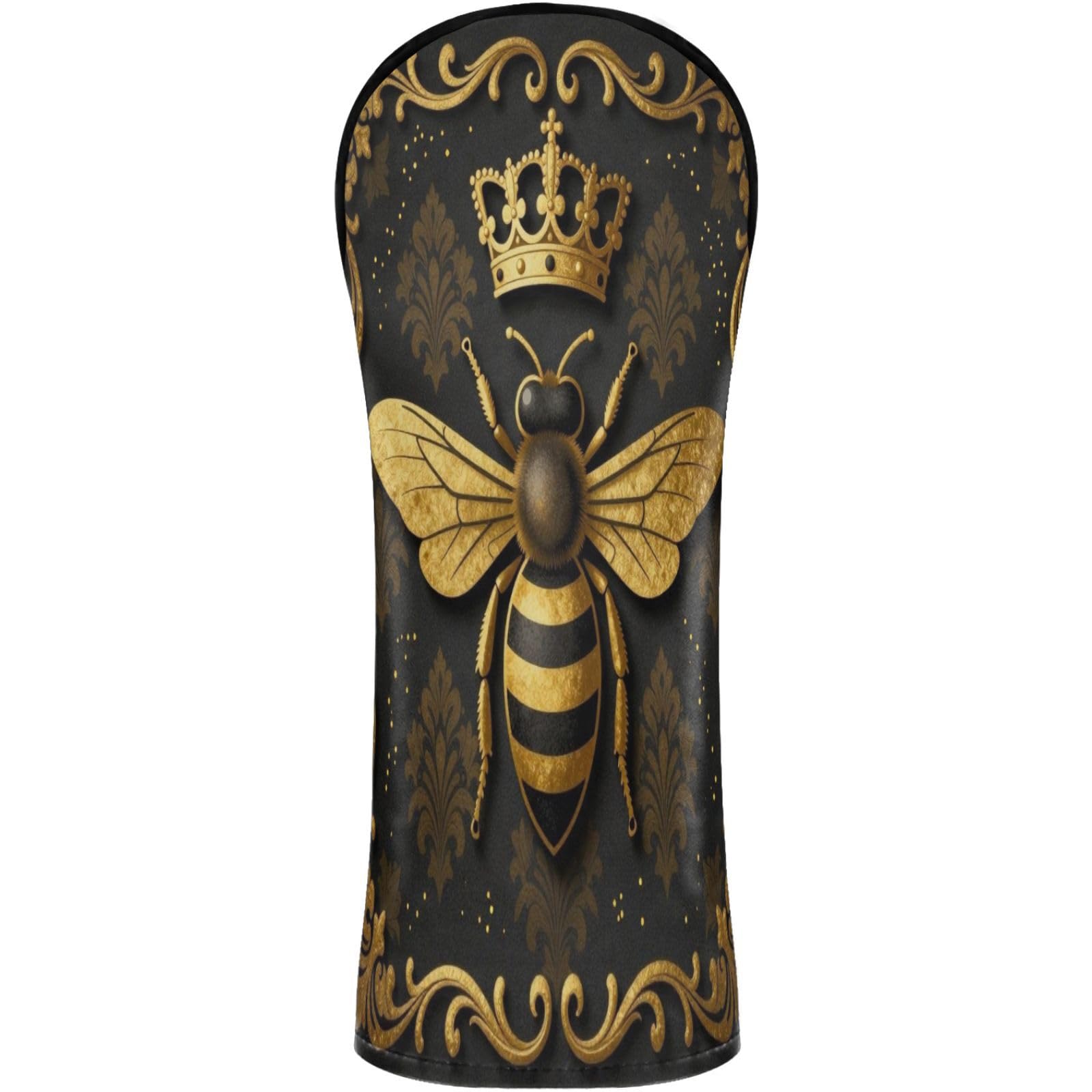Golf Club Head Cover Headcover with Interchangeable No. Tags for Woods and Driver Fairway Hybrid Queen Bee Black Golden Vintage