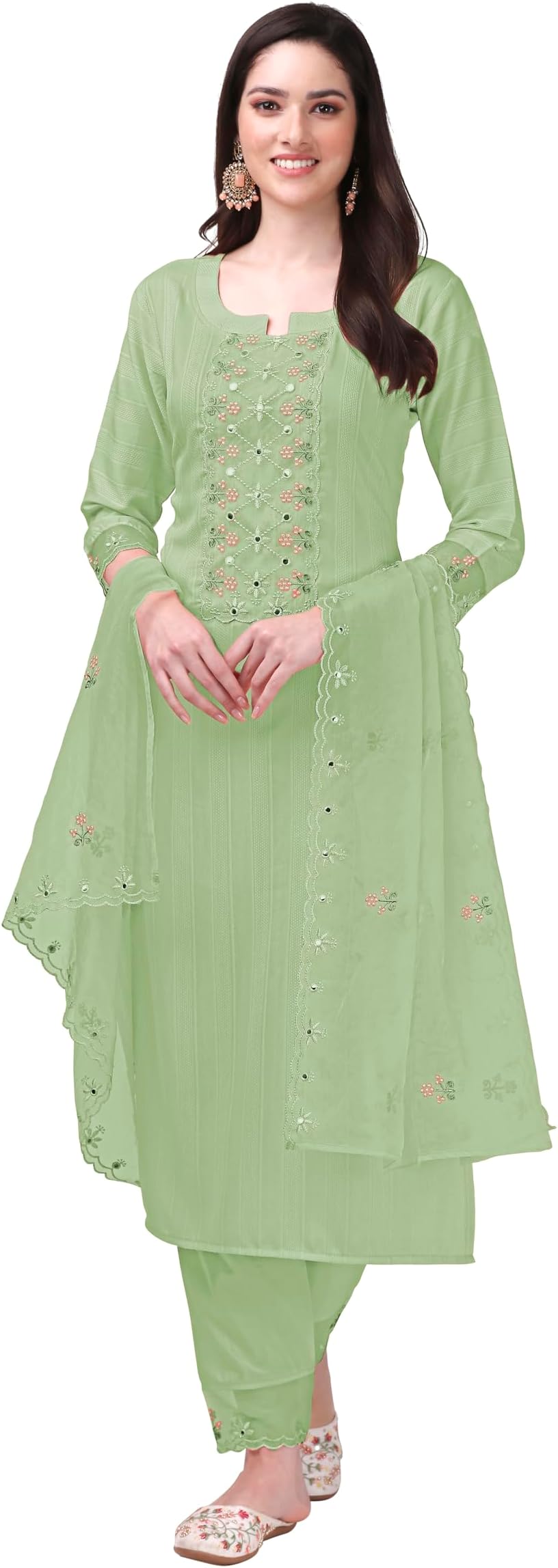 Trendmalls Women's Cotton Embroidery Salwar Suit Set Kurta Pant with Dupatta