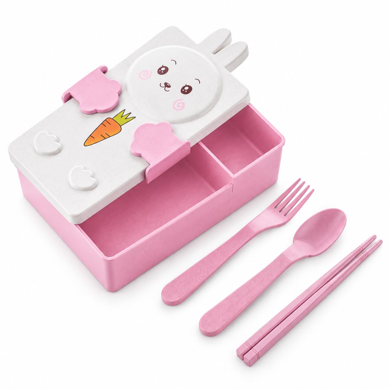 Kids Bunny Lunch Box for Girls & Boys with Spoon Fork & Chopsticks, Pink