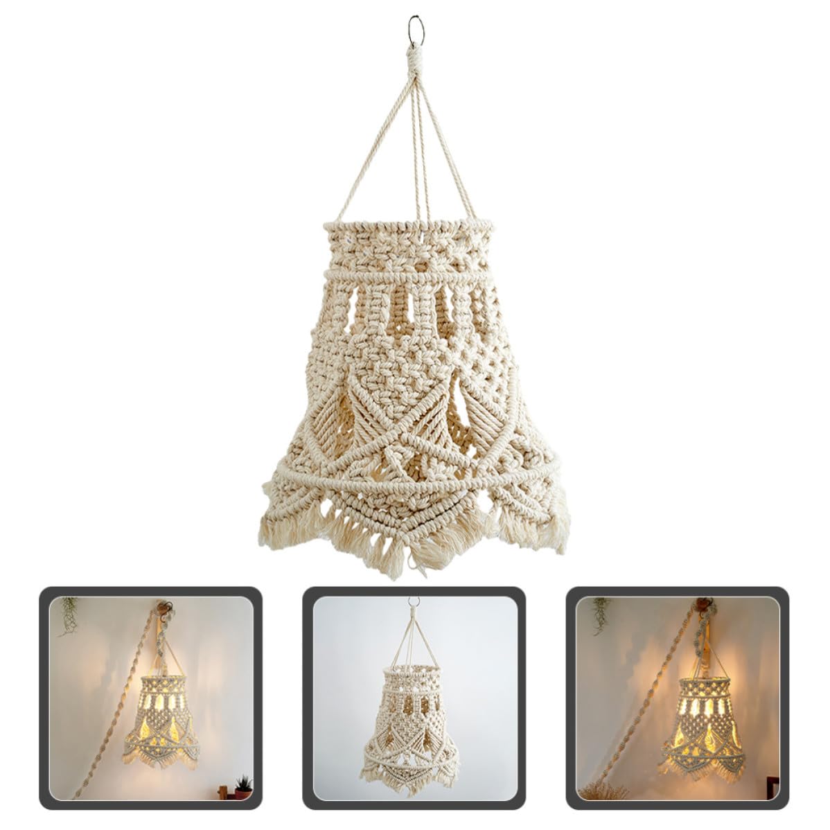 Paralume Boho in Corda di Cotone Beige per Lampada a Sospensione | Struttura Intrecciata in Ferro, Peso Leggero e Resistente, per Soggiorno e Ristorante