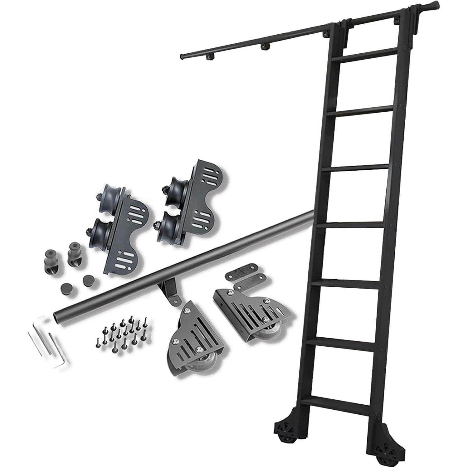 Sliding Ladder Hardware Retractable Rolling Library Ladder Rails Kit, Black Steel Round Tube Mobile Ladder Tracks with Floor Roller Wheels (No Ladder),120cm Track Kit