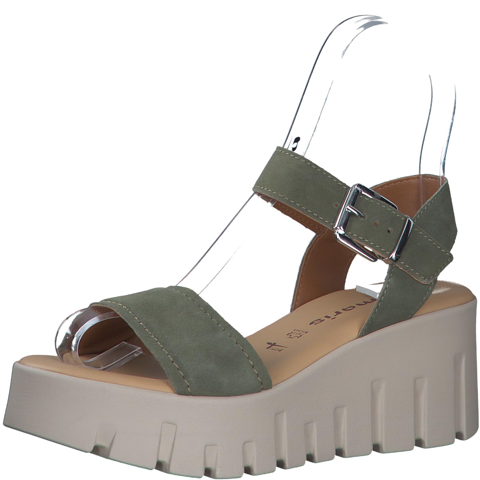 Tamaris Damen Plateau Sandalen Leder Keilabsatz Sommer; OLIVE SUEDE/khaki; 36 EU