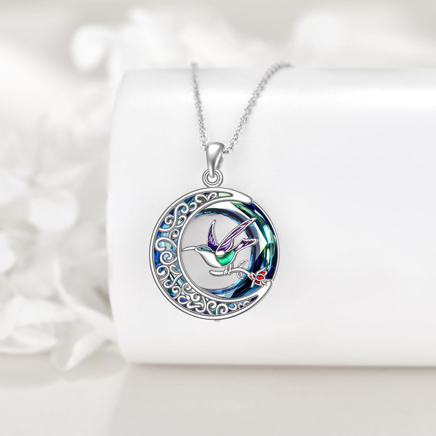 Hummingbird Necklace 925 Sterling Silver Moon Pendant Blue Crystal Jewelry Gifts for Women - Image 2