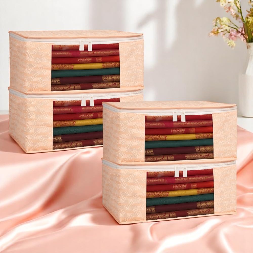 Homestrap Pack of 4 Saree Cover Bag | Cotton Quilted Storage Organizer with Transparent Window | Foldable Clothes Bag for Sarees, Suits, Bedsheets | Wardrobe Clothes Organizer | Peach-image-43
