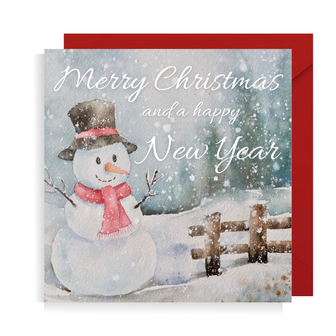 Second Ave Snowman Pack of 10 Christmas Xmas Christian Religious Holiday Festive Greetings Cards, red and green, 140mm x 140mm